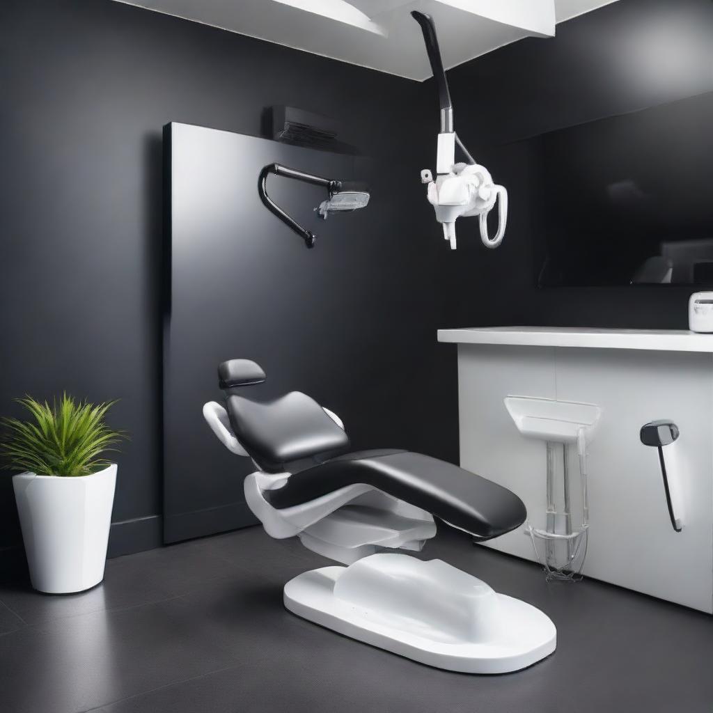 A sleek and contemporary dental unit, with a standout black dental chair, crisp white floor, and dark black walls. This setup illustrates a high contrast, modern design, paired with top-of-the-range dental equipment.