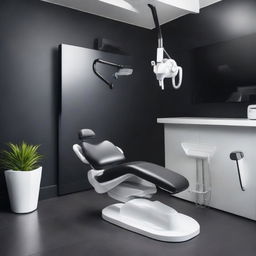 A sleek and contemporary dental unit, with a standout black dental chair, crisp white floor, and dark black walls. This setup illustrates a high contrast, modern design, paired with top-of-the-range dental equipment.