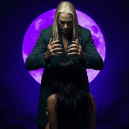 A sinister tall man, 2 meters high, with striking violet eyes and blonde hair, standing with his hands placed menacingly on the head of an innocent dark-haired woman on her knees, who is facing him