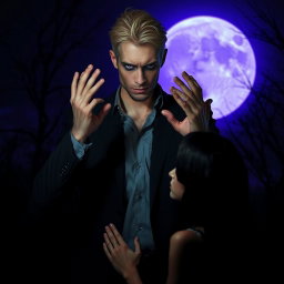A tall, sinister man, 2 meters high, with striking violet eyes and blonde hair, standing with his hands placed menacingly on the head of an innocent dark-haired woman who is facing him, as if in a disturbing prayer