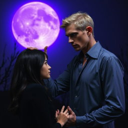 A tall, sinister man, 2 meters high, with striking violet eyes and blonde hair, standing with his hands placed menacingly on the head of an innocent dark-haired woman who is facing him, as if in a disturbing prayer