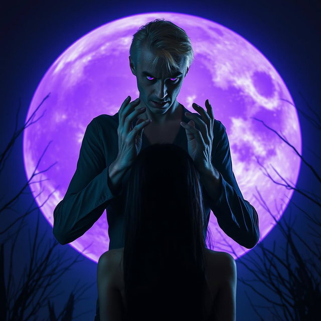 A tall, sinister man, 2 meters high, with striking violet eyes and blonde hair, standing with his hands placed menacingly on the head of an innocent dark-haired woman who is facing him, as if in a disturbing prayer