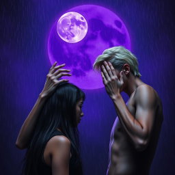 A sinister tall man, 2 meters high, with striking violet eyes and blonde hair, standing with his hands placed menacingly on the head of an innocent dark-haired woman who is facing him, as if in a disturbing prayer