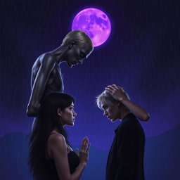 A sinister tall man, 2 meters high, with striking violet eyes and blonde hair, standing with his hands placed menacingly on the head of an innocent dark-haired woman who is facing him, as if in a disturbing prayer