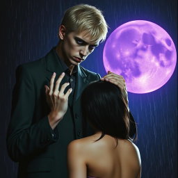 A sinister tall man, 2 meters high, with striking violet eyes and blonde hair, standing with his hands placed menacingly on the head of an innocent dark-haired woman who is facing him, as if in a disturbing prayer