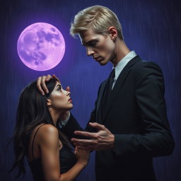 A sinister tall man, 2 meters high, with striking violet eyes and blonde hair, standing with his hands placed menacingly on the head of an innocent dark-haired woman who is facing him, as if in a disturbing prayer
