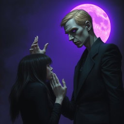 A tall, sinister man, 2 meters high, with striking violet eyes and blonde hair, standing with his hands placed ominously on the head of an innocent dark-haired woman who is facing him, evoking a disturbing prayer-like gesture