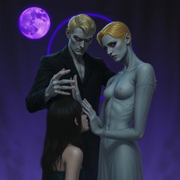 A tall, sinister man, 2 meters high, with striking violet eyes and blonde hair, standing with his hands placed ominously on the head of an innocent dark-haired woman who is facing him, evoking a disturbing prayer-like gesture
