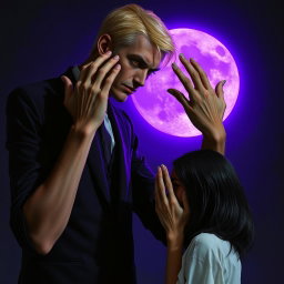 A tall, sinister man, 2 meters high, with striking violet eyes and blonde hair, standing with his hands placed ominously on the head of an innocent dark-haired woman who is facing him, evoking a disturbing prayer-like gesture