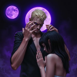 A tall, sinister man, 2 meters high, with striking violet eyes and blonde hair, standing with his hands placed ominously on the head of an innocent dark-haired woman who is facing him, evoking a disturbing prayer-like gesture