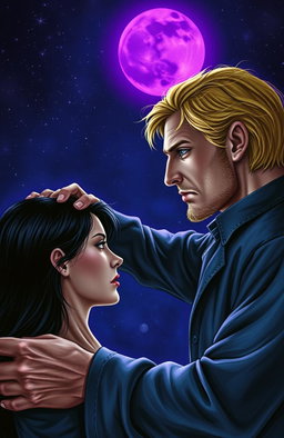 A tall blonde man, 2 meters in height, with a tired face and bright violet eyes, is depicted in profile