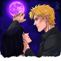 A tall blonde man, 2 meters in height, with a tired face and bright violet eyes, is illustrated in profile