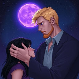 A tall blonde man, 2 meters in height, with a tired face and bright violet eyes, is illustrated in profile