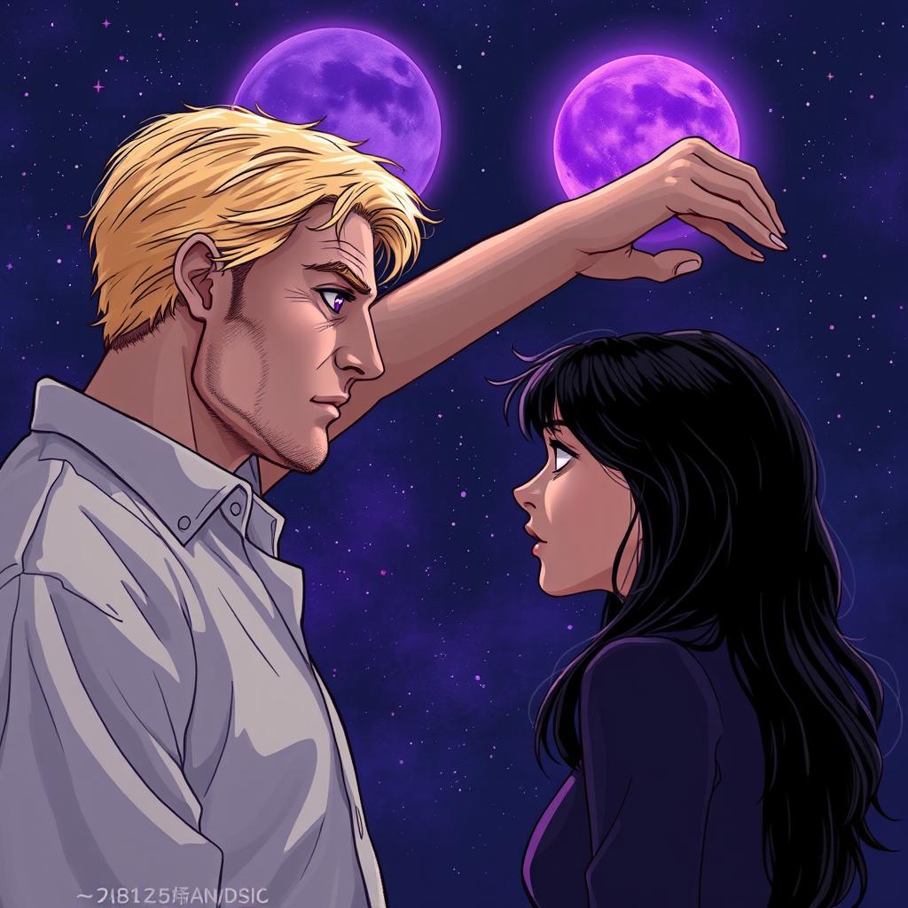 A tall blonde man, 2 meters in height, with a tired face and bright violet eyes, is illustrated in profile