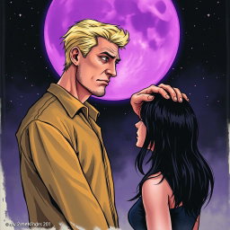 A tall blonde man, 2 meters in height, with a tired face and bright violet eyes, is illustrated in profile