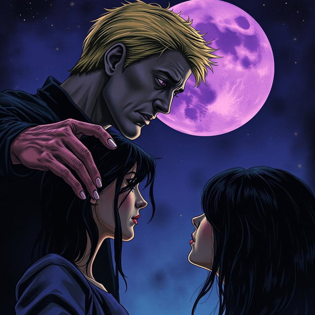 A tall blonde man, 2 meters in height, with a tired face and bright violet eyes, is illustrated in profile