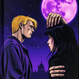 A tall blonde man, 2 meters in height, with a tired face and bright violet eyes, is illustrated in profile