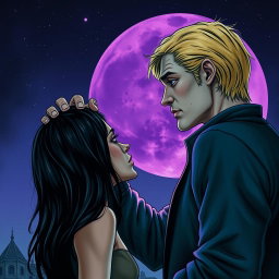 A tall blonde man, 2 meters in height, with a tired face and bright violet eyes, is illustrated in profile