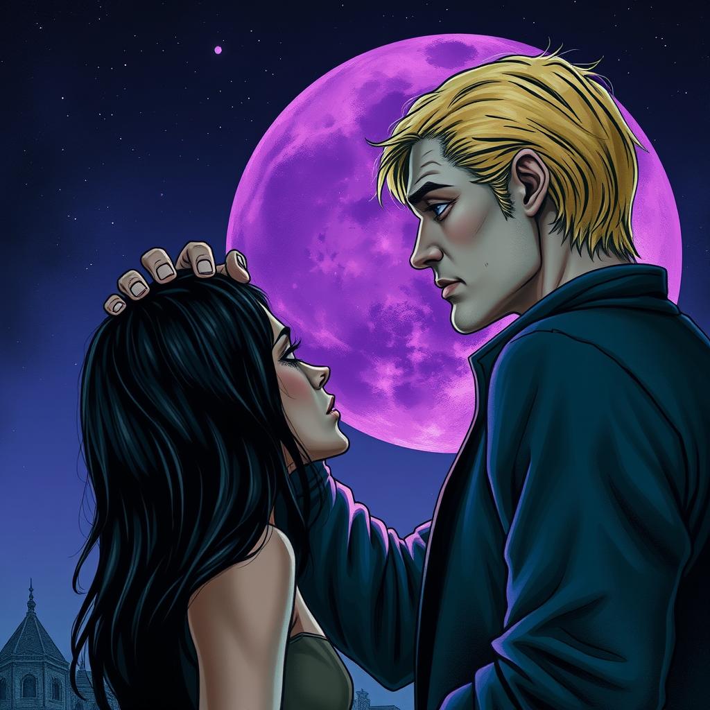 A tall blonde man, 2 meters in height, with a tired face and bright violet eyes, is illustrated in profile