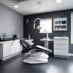 A sleek and contemporary dental unit, with a standout black dental chair, crisp white floor, and dark black walls. This setup illustrates a high contrast, modern design, paired with top-of-the-range dental equipment.