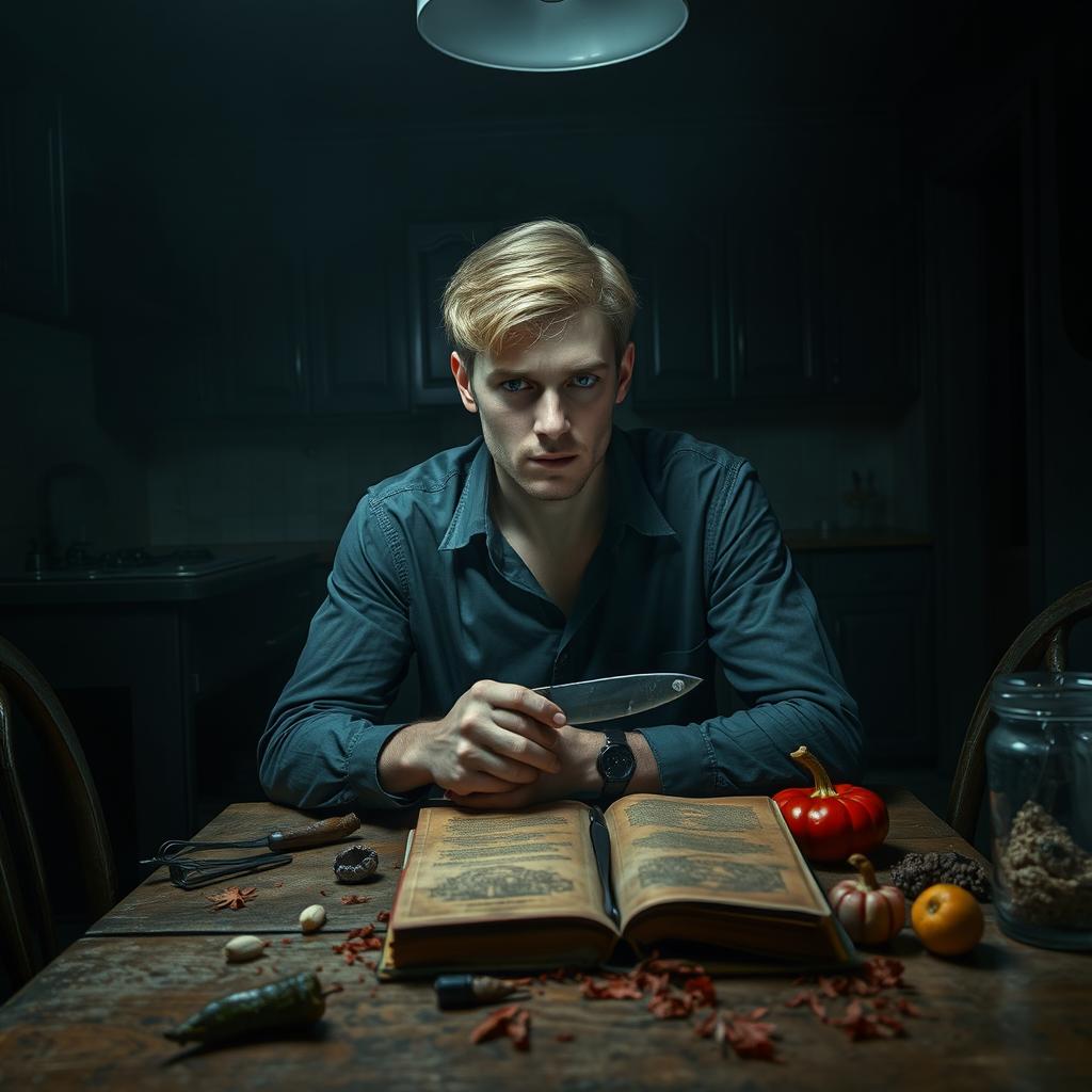 A man sitting at a table in an empty kitchen, with violet eyes and blonde hair