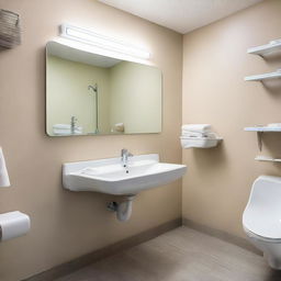 A handicap accessible bathroom in a dental clinic. The bathroom is bright and clean, with a large mirror, a modern hand wash basin, automatic soap dispenser, sufficient lighting, and tasteful decor to ensure comfort for all patients.