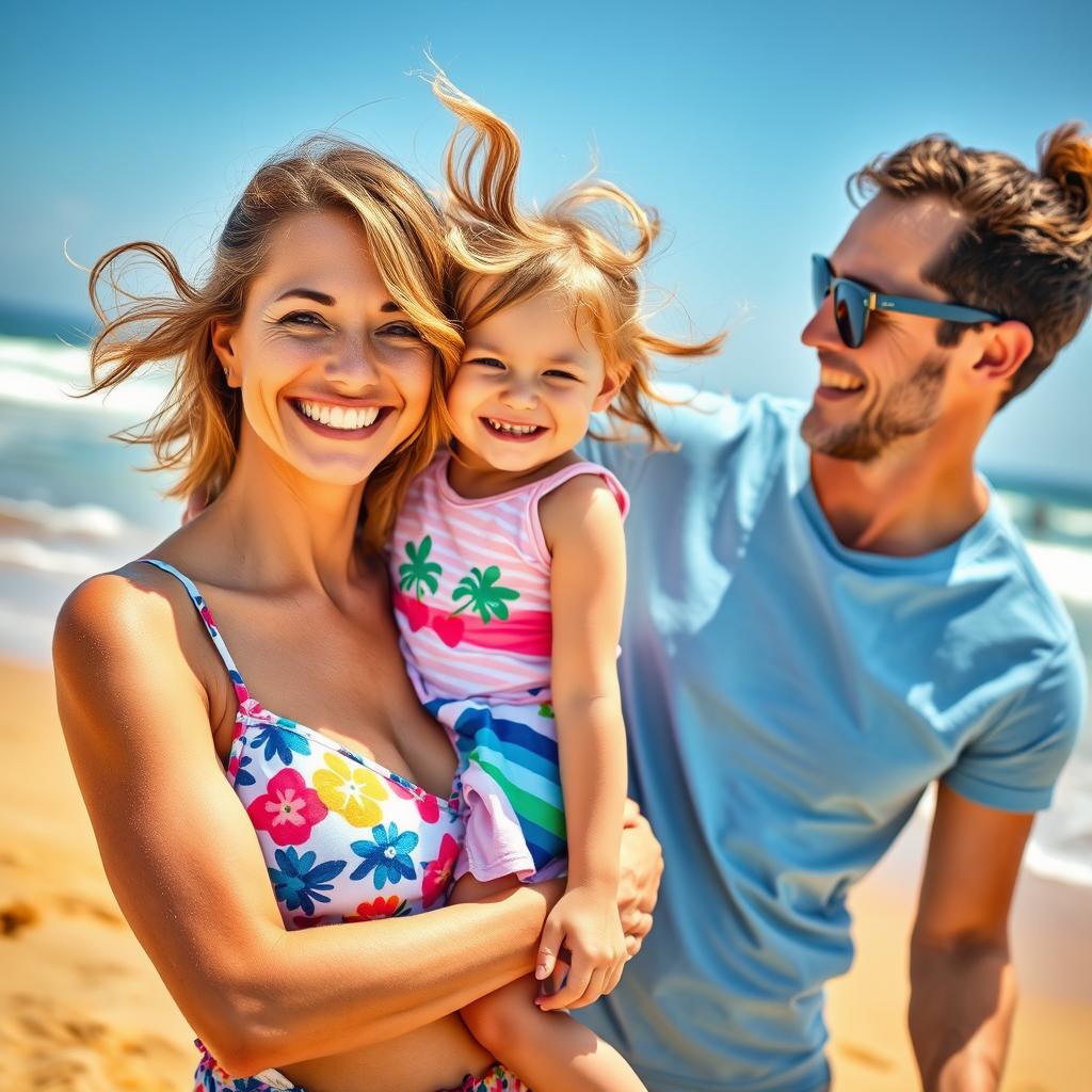 A joyful family on a sunny beach during summer vacation