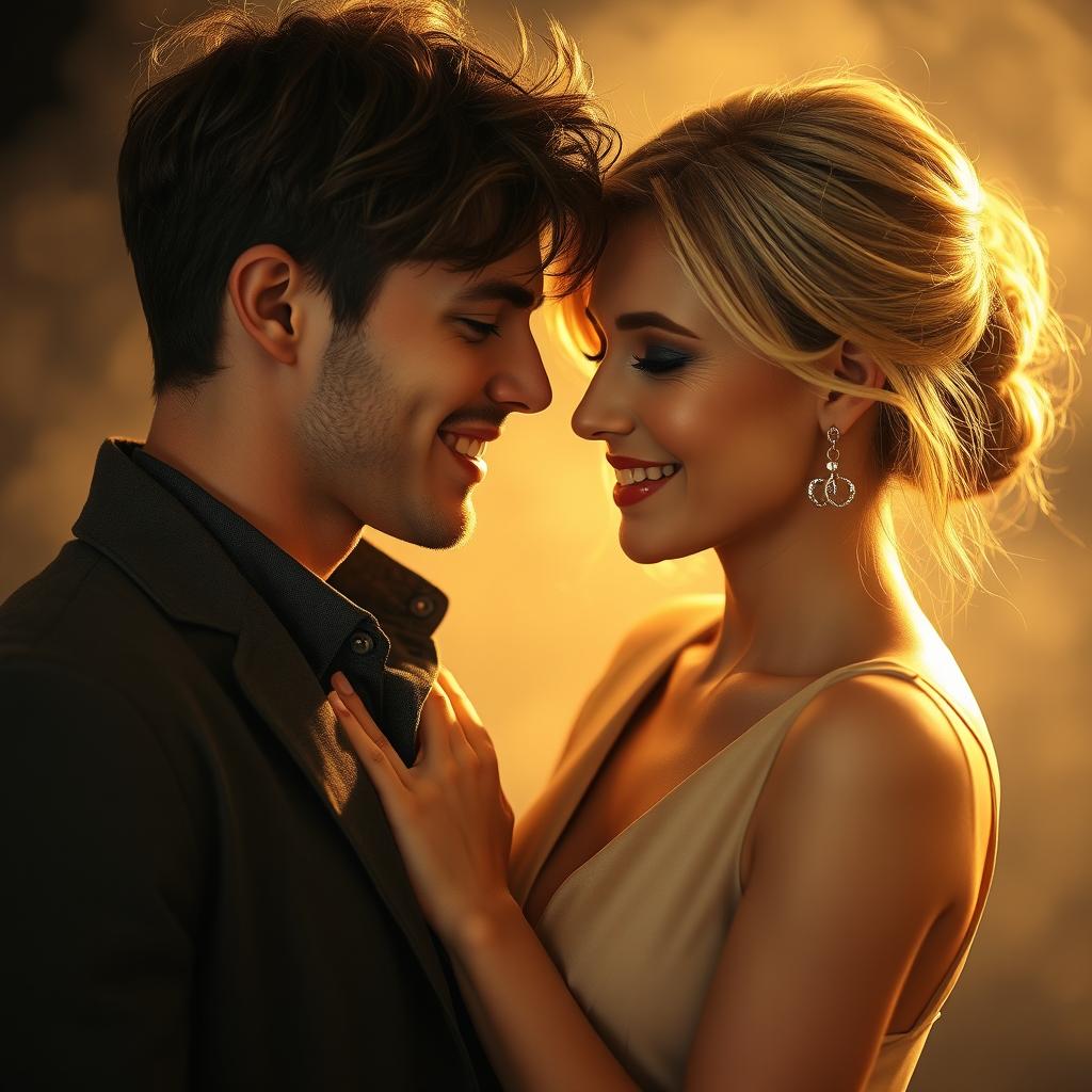 A romantic scene depicting a passionate moment between a young man and a sophisticated 40-year-old woman