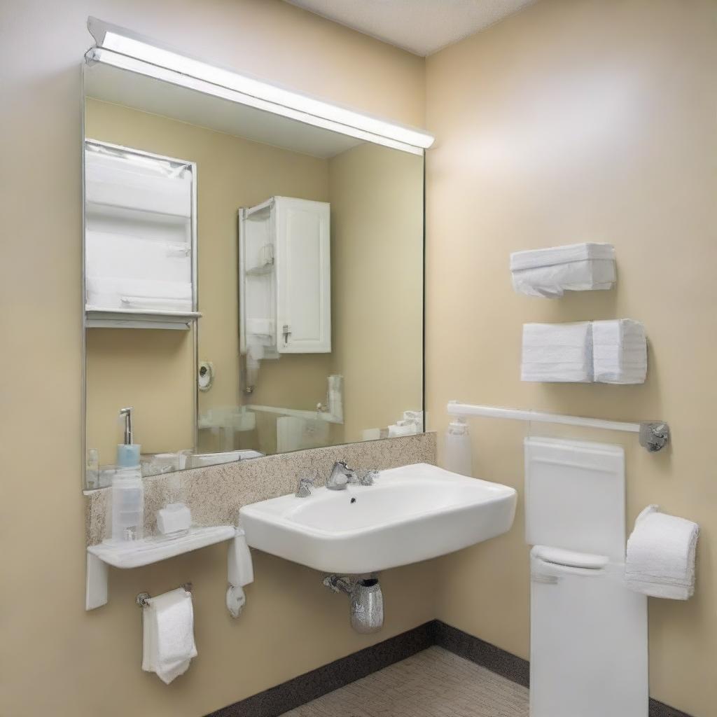 A handicap accessible bathroom in a dental clinic. The bathroom is bright and clean, with a large mirror, a modern hand wash basin, automatic soap dispenser, sufficient lighting, and tasteful decor to ensure comfort for all patients.