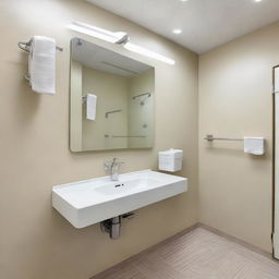 A handicap accessible bathroom in a dental clinic. The bathroom is bright and clean, with a large mirror, a modern hand wash basin, automatic soap dispenser, sufficient lighting, and tasteful decor to ensure comfort for all patients.