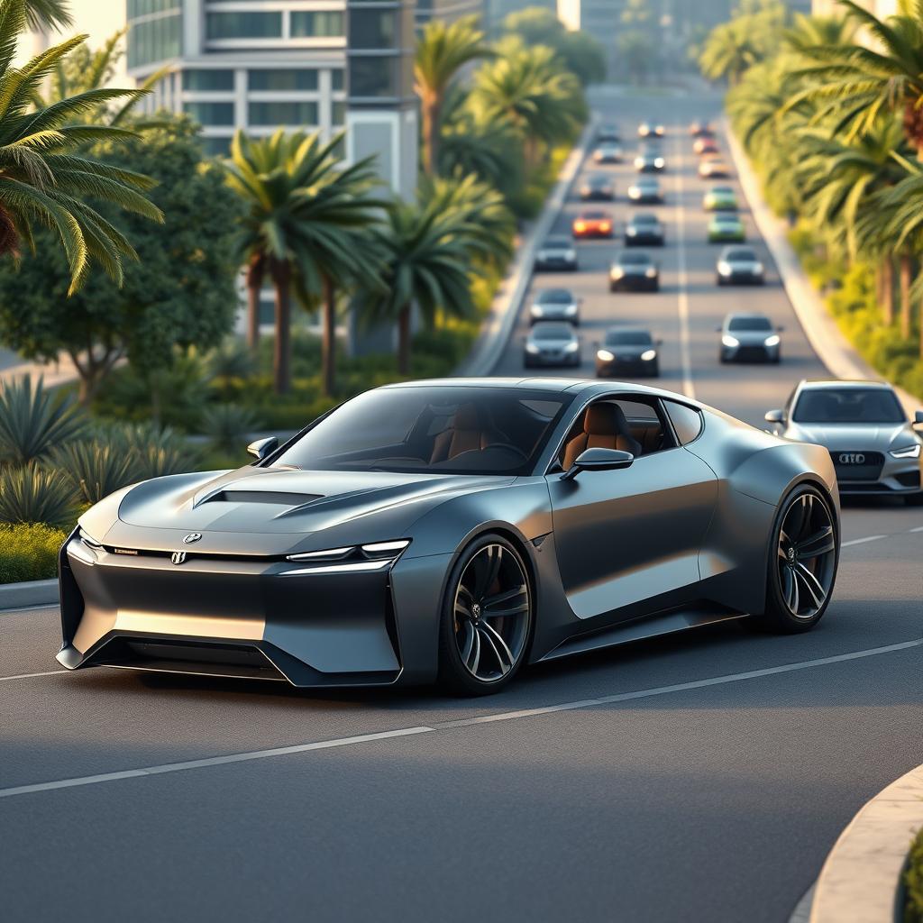 An ultra-detailed 3D render of a 2035 Plymouth XNR redesign showcasing a low wide stance, featuring innovative wheel arches and a dramatic power bulge on the driver's side