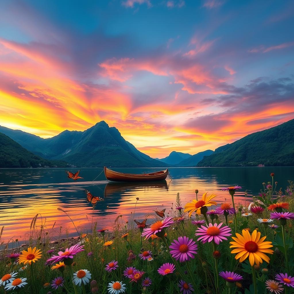 A serene landscape at sunset, showcasing a tranquil lake reflecting the colors of the sky, surrounded by lush green mountains