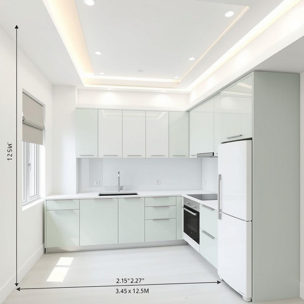 A modern integrated kitchen design with dimensions of 3