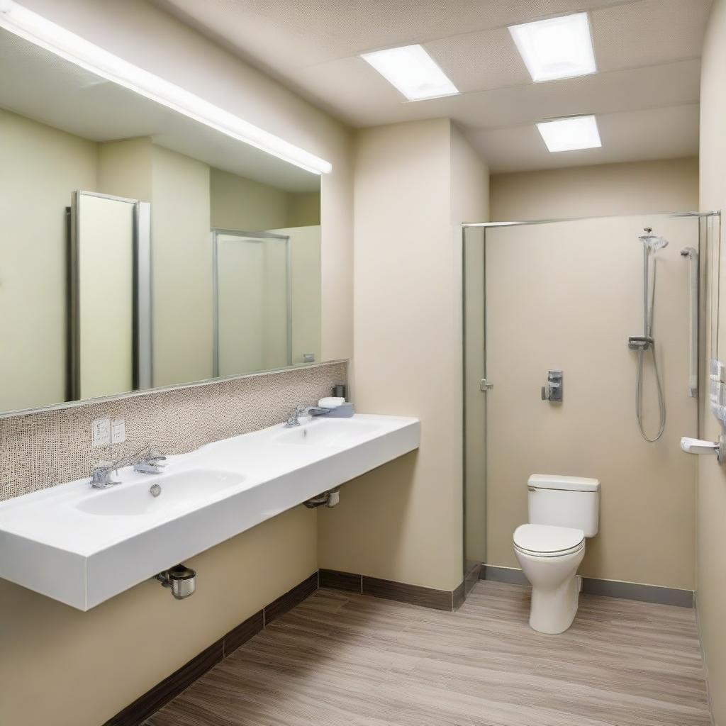 A handicap accessible bathroom in a dental clinic. The bathroom is bright and clean, with a large mirror, a modern hand wash basin, automatic soap dispenser, sufficient lighting, and tasteful decor to ensure comfort for all patients.