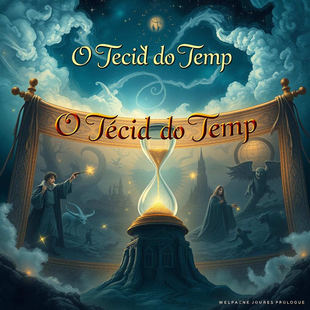 An evocative illustration representing the prologue titled 'O Tecido do Tempo'