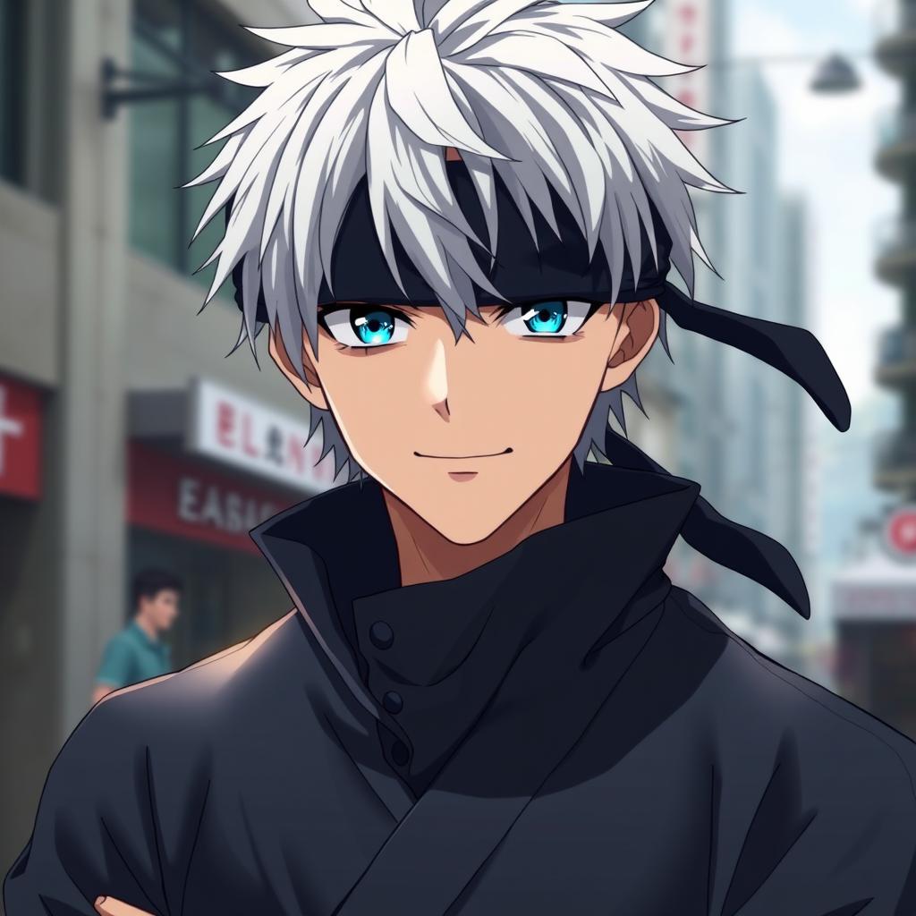 A hyper-realistic portrait of Gojo Satoru from the anime 'Jujutsu Kaisen'