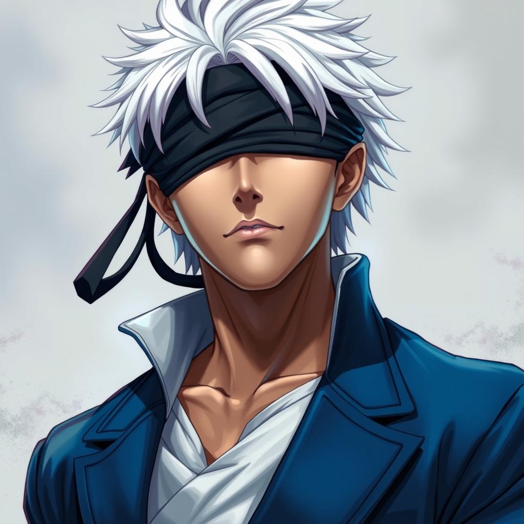 A highly realistic portrait of Satoru Gojo, showcasing his distinct features such as his striking white hair and blindfold