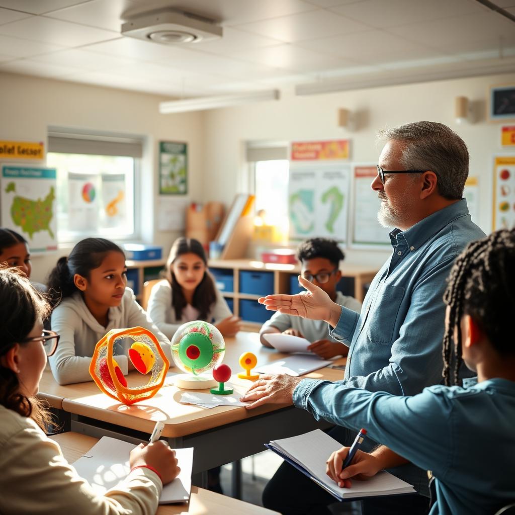 A biology teacher passionately explaining biology lessons to a diverse group of students in a bright classroom