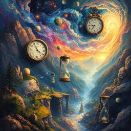 A mystical and enchanting depiction of time weaving through the fabric of reality, with a surreal landscape of swirling galaxies and ethereal light