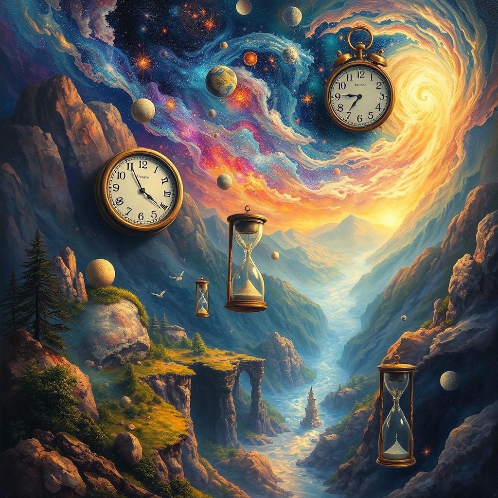 A mystical and enchanting depiction of time weaving through the fabric of reality, with a surreal landscape of swirling galaxies and ethereal light