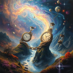 A mystical and enchanting depiction of time weaving through the fabric of reality, with a surreal landscape of swirling galaxies and ethereal light