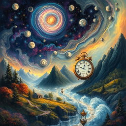 A mystical and enchanting depiction of time weaving through the fabric of reality, with a surreal landscape of swirling galaxies and ethereal light