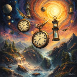 A mystical and enchanting depiction of time weaving through the fabric of reality, with a surreal landscape of swirling galaxies and ethereal light