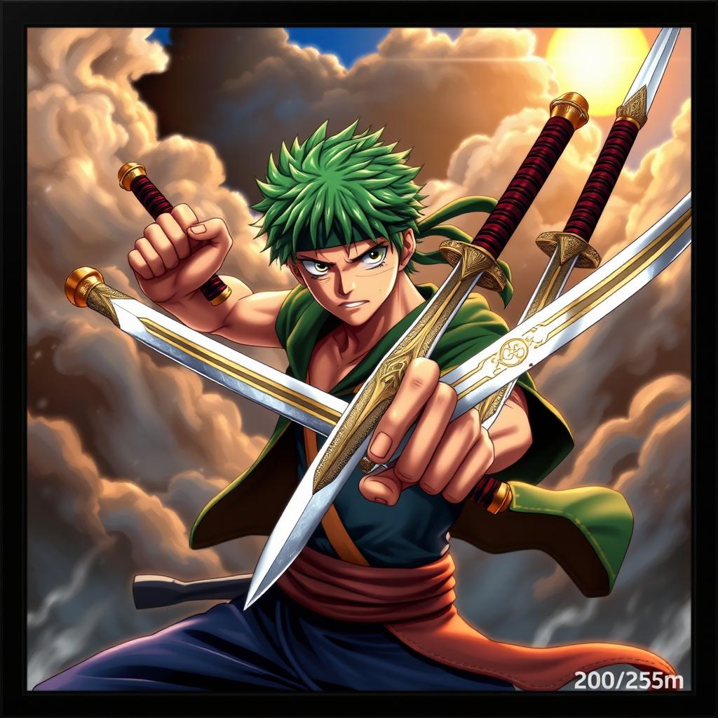 A realistic illustration of Rorona Zoro from One Piece, depicted in a dynamic pose wielding three swords: Enma, Sandai Kitetsu, and Shisui