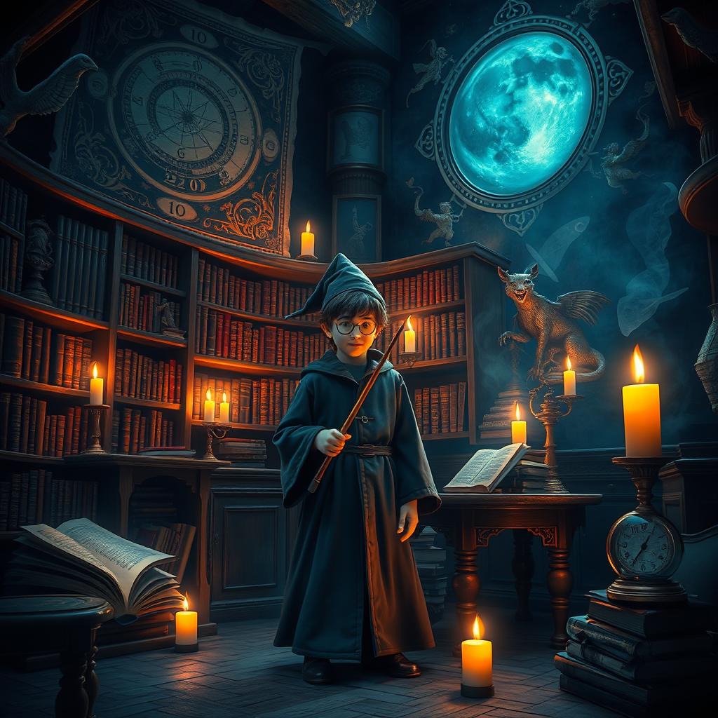 A magical and whimsical scene inspired by a fantasy world reminiscent of Harry Potter, featuring a young wizard standing in a dimly lit library filled with ancient books and glowing artifacts