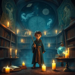 A magical and whimsical scene inspired by a fantasy world reminiscent of Harry Potter, featuring a young wizard standing in a dimly lit library filled with ancient books and glowing artifacts