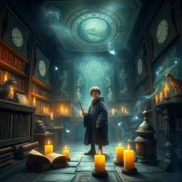 A magical and whimsical scene inspired by a fantasy world reminiscent of Harry Potter, featuring a young wizard standing in a dimly lit library filled with ancient books and glowing artifacts