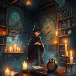 A magical and whimsical scene inspired by a fantasy world reminiscent of Harry Potter, featuring a young wizard standing in a dimly lit library filled with ancient books and glowing artifacts
