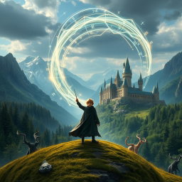 A blended fantasy scene that combines elements from both the Harry Potter and Lord of the Rings universes