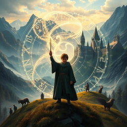 A blended fantasy scene that combines elements from both the Harry Potter and Lord of the Rings universes